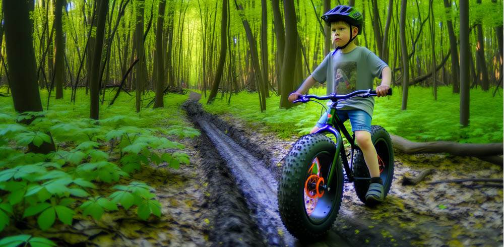 Een kind op een mini fatbike met brede banden fietst stabiel over een bospad, illustrerend de robuuste en veilige eigenschappen van een fatbike voor kindere