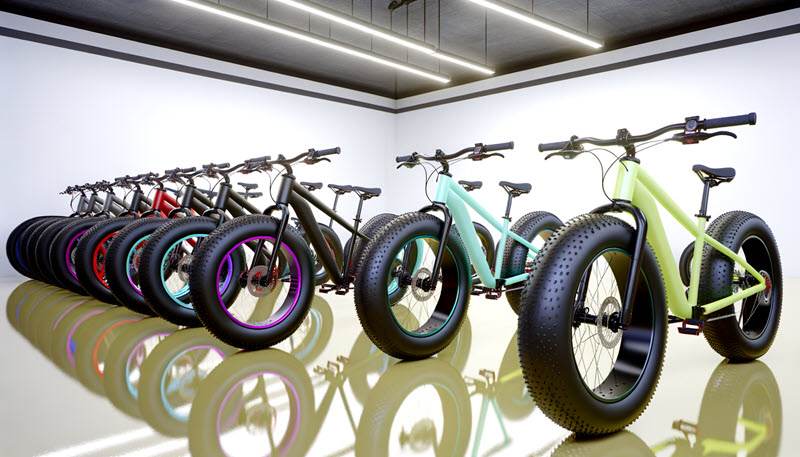 Verschillende mini fatbikes met brede banden en robuuste frames uitgestald in een moderne showroom, illustrerend de brede keuze voor ouders en kinderen