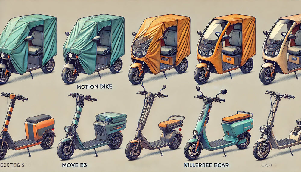 Vergelijking van vier populaire overdekte scooters zonder rijbewijs: For Motion Dike, Move E3, Move E4 en Killerbee Ecar