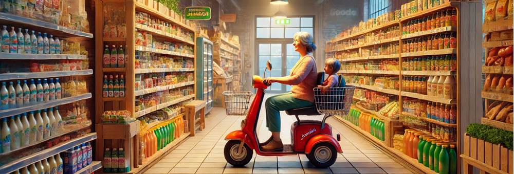 3-wiel scootmobiel rijdt soepel door een smalle gang in een drukke supermarkt, bestuurd door een oudere dame met boodschappen.